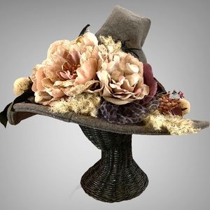 OOAK Grey felt floral decorated witch hat